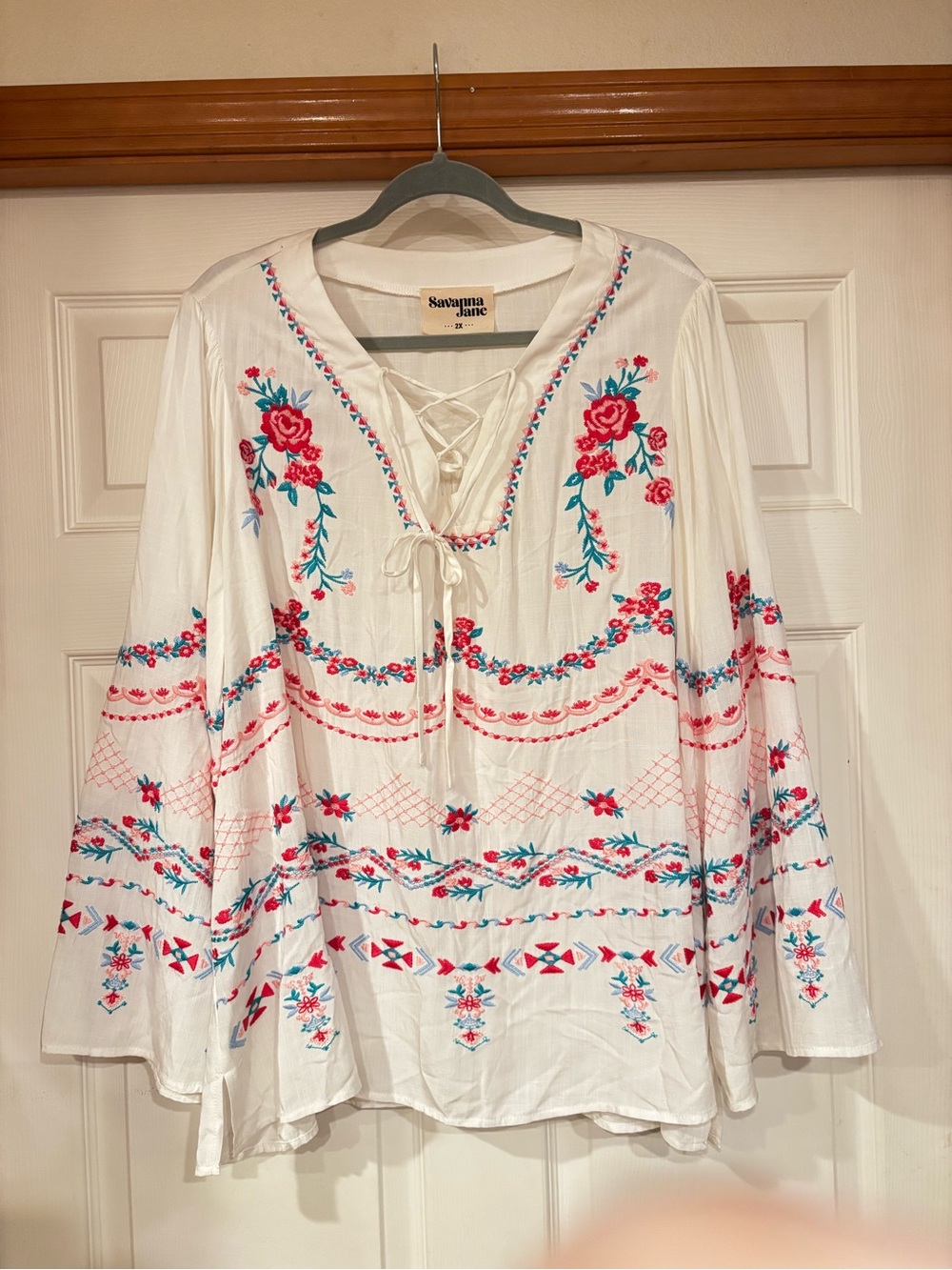 Savanna Jane White Peasant Tunic with Pink & Teal Floral Embroidery